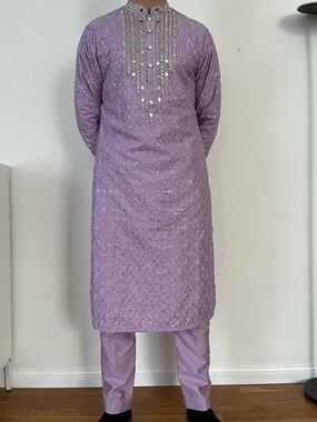 Lashkaraa Mens Indian Suit Purple Mirror Embroidered Silk Kurta 2 piece set